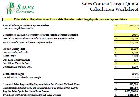 Why Sales Contest Fail - Sales Contest Target Quota Calculation Worksheet from B2B Sales Connections